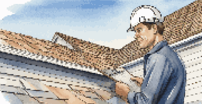 A home inspector closely examining a roof with a clipboard in hand, under a clear blue sky.