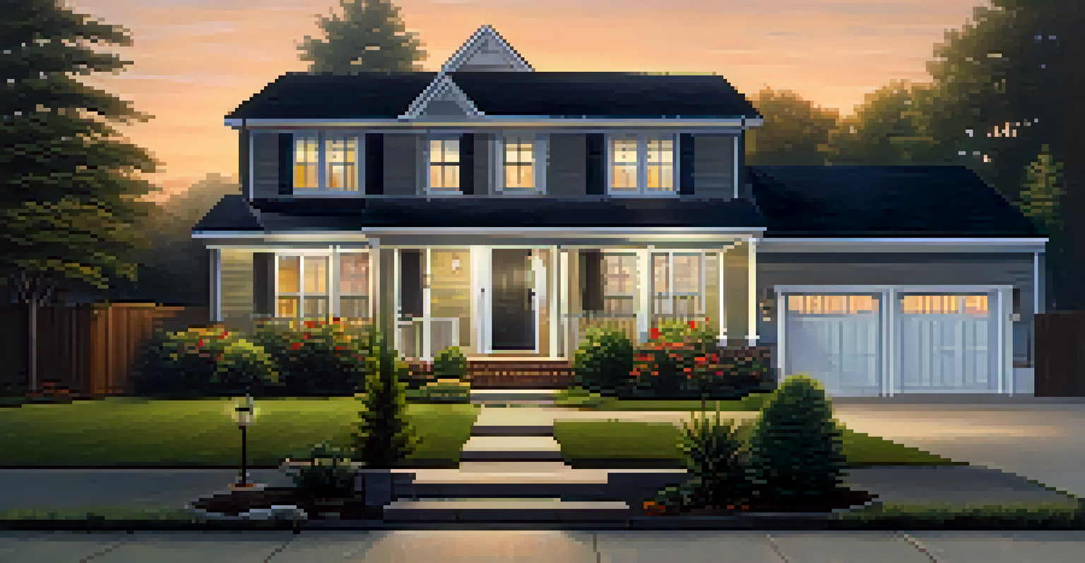 A suburban home illuminated by smart outdoor lighting at dusk, with a security camera near the front door.