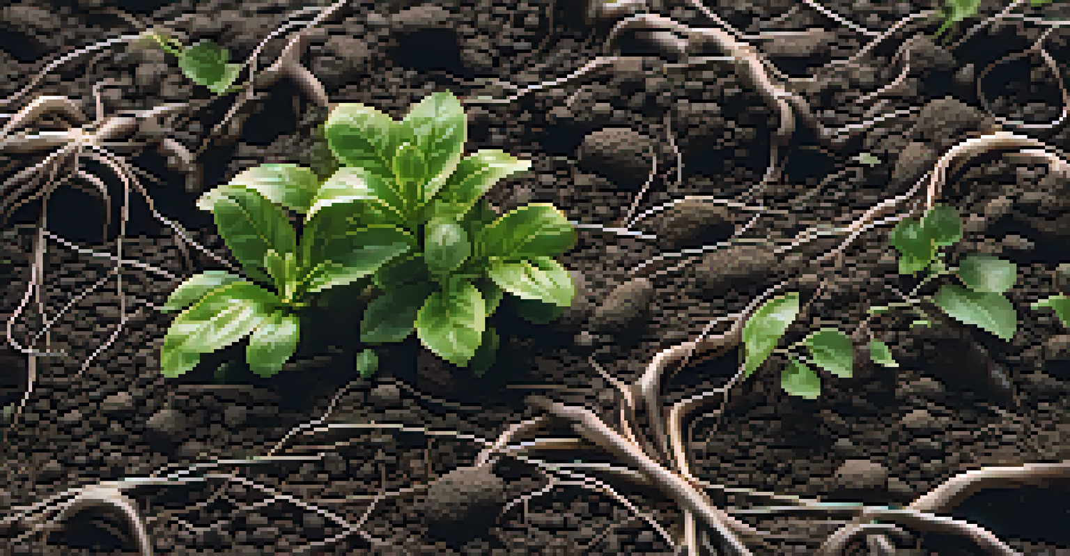 Close-up of dark soil with intertwined plant roots and green shoots, showcasing soil quality.