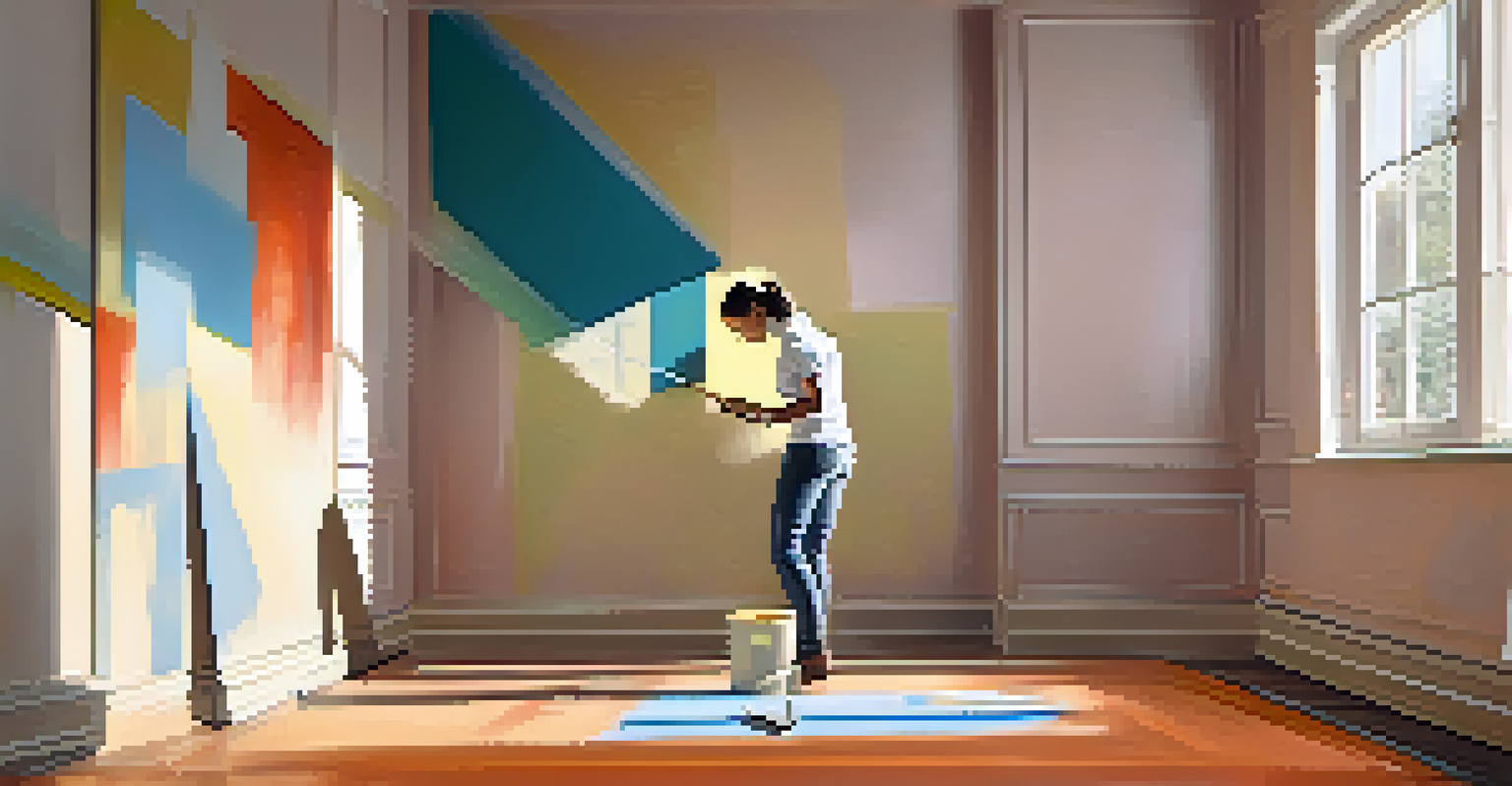 A person painting a wall with a roller in a well-lit room, with painter's tape applied and painting tools laid out.