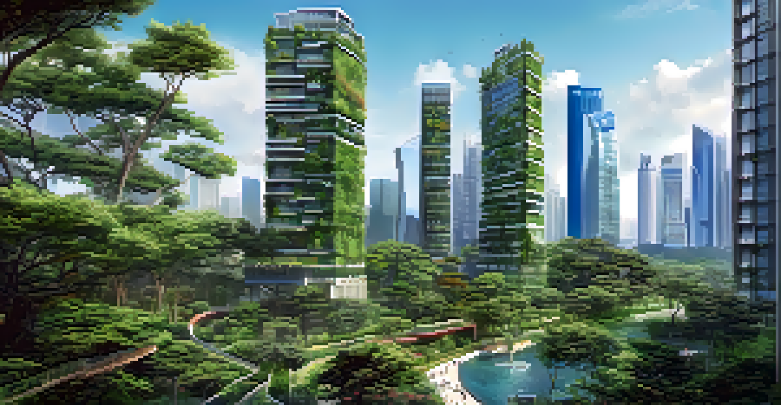 An urban park in Singapore with skyscrapers featuring vertical gardens and rich greenery in the foreground.