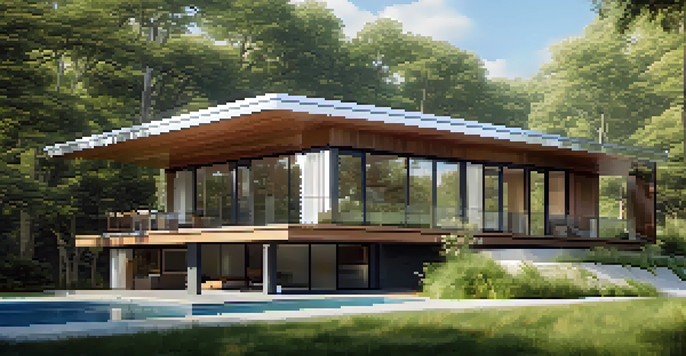 A contemporary prefabricated home surrounded by nature, featuring large windows and eco-friendly materials, illuminated by sunlight.