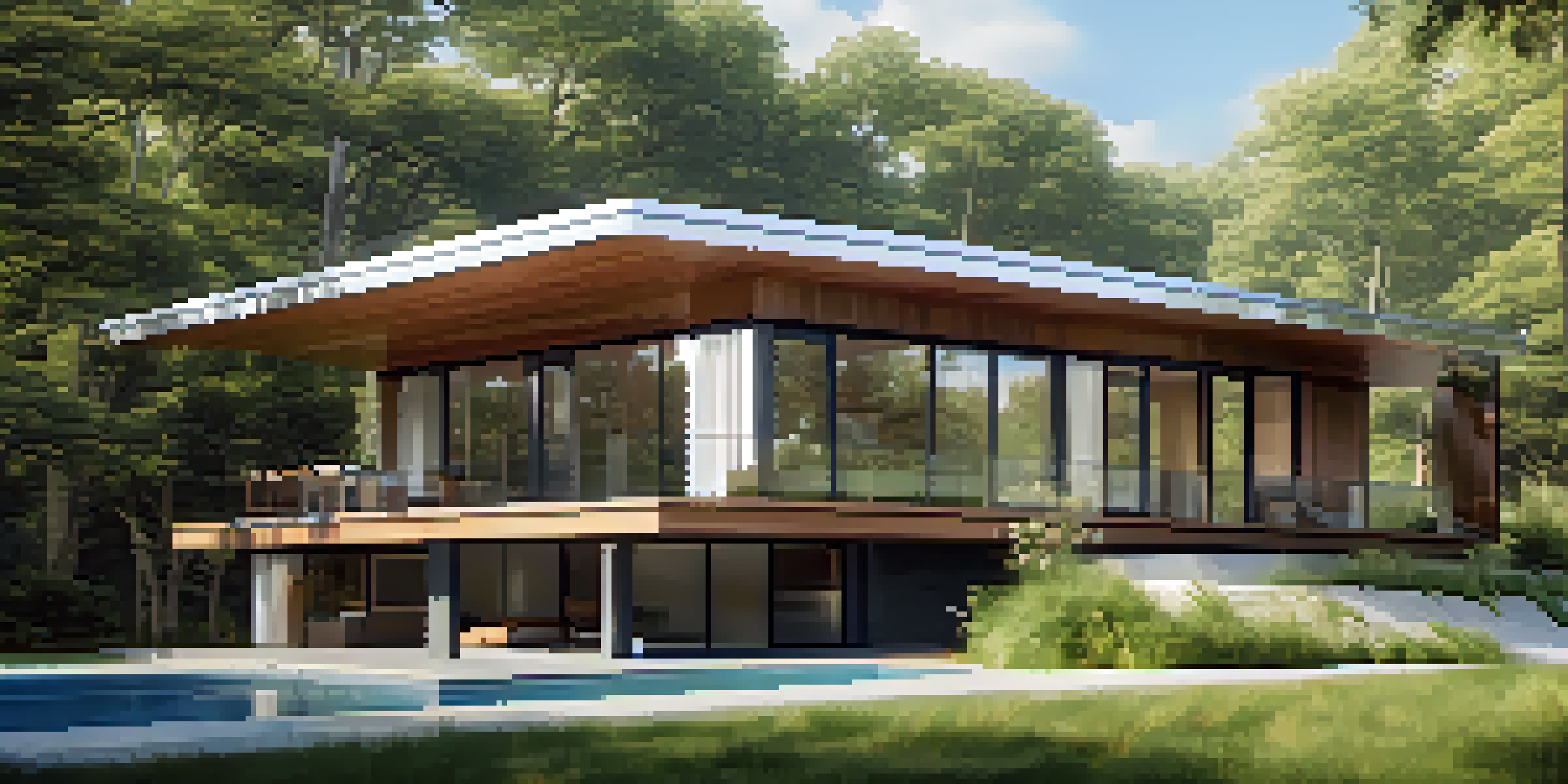 A contemporary prefabricated home surrounded by nature, featuring large windows and eco-friendly materials, illuminated by sunlight.