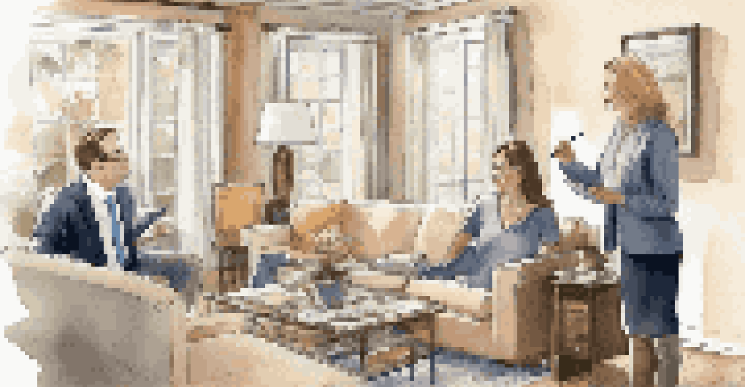 A real estate agent explaining tax deductions to a couple in a stylish living room.
