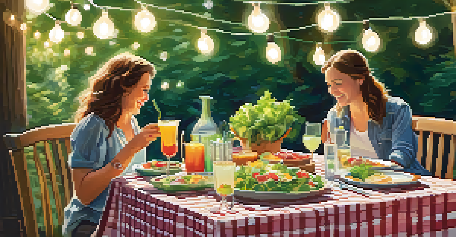 A cozy backyard patio set for a barbecue with a table full of food and friends enjoying the sun.