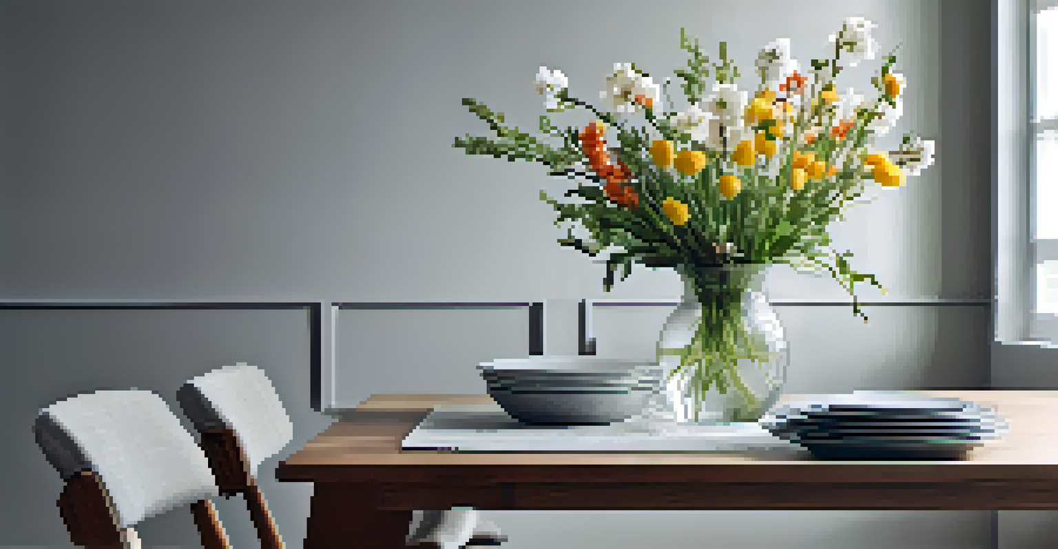 A minimalist dining area with a white table holding a vase of spring flowers, set against a gray wall, illuminated by natural light.