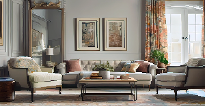 A living room showcasing a mix of vintage and modern decor, with an ornate mirror, minimalist sofa, and colorful vases.