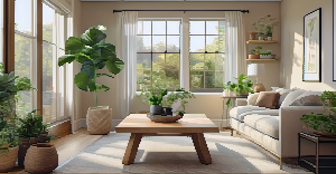 A warm and inviting living room with a plush sofa, oak coffee table, and natural light from large windows.