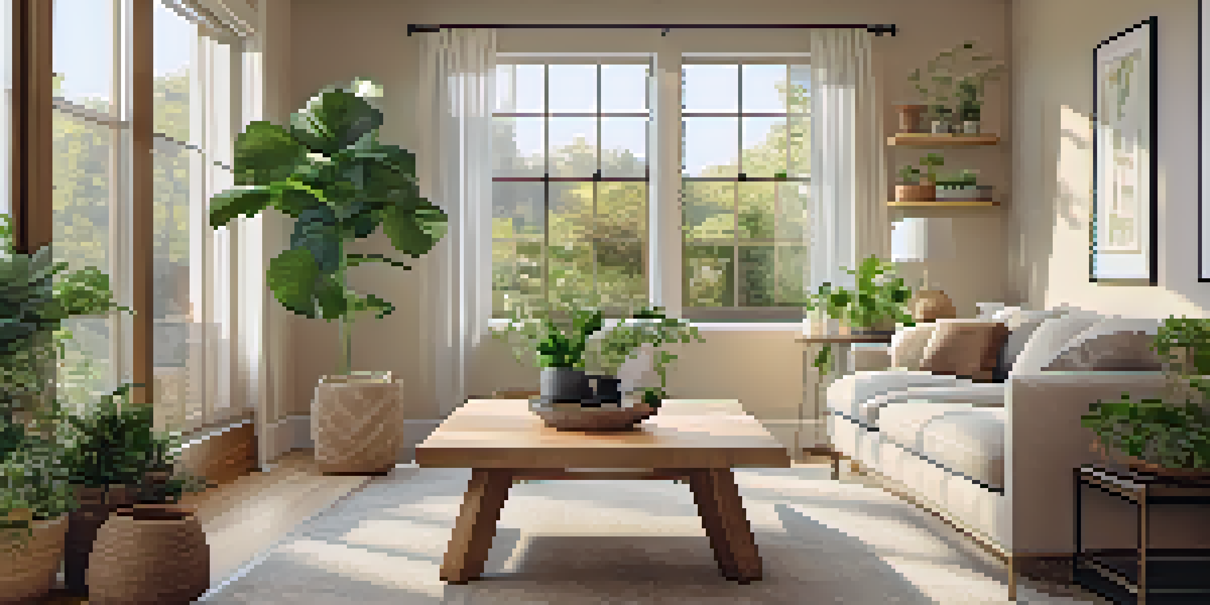 A warm and inviting living room with a plush sofa, oak coffee table, and natural light from large windows.