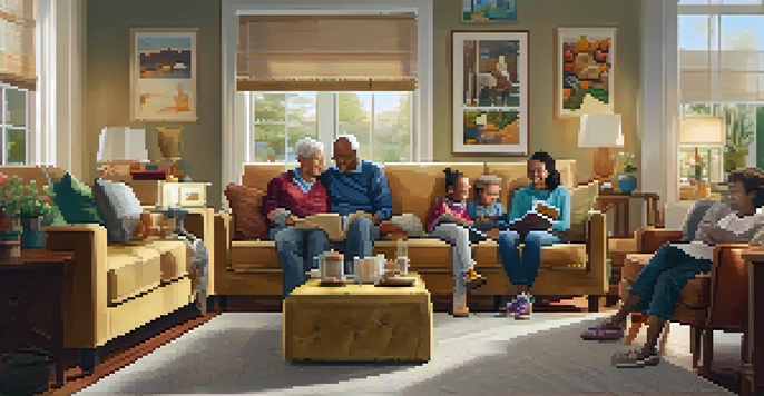 A multi-generational family gathered in a warm living room, with grandparents reading, parents cooking, and children playing, creating a cozy atmosphere.