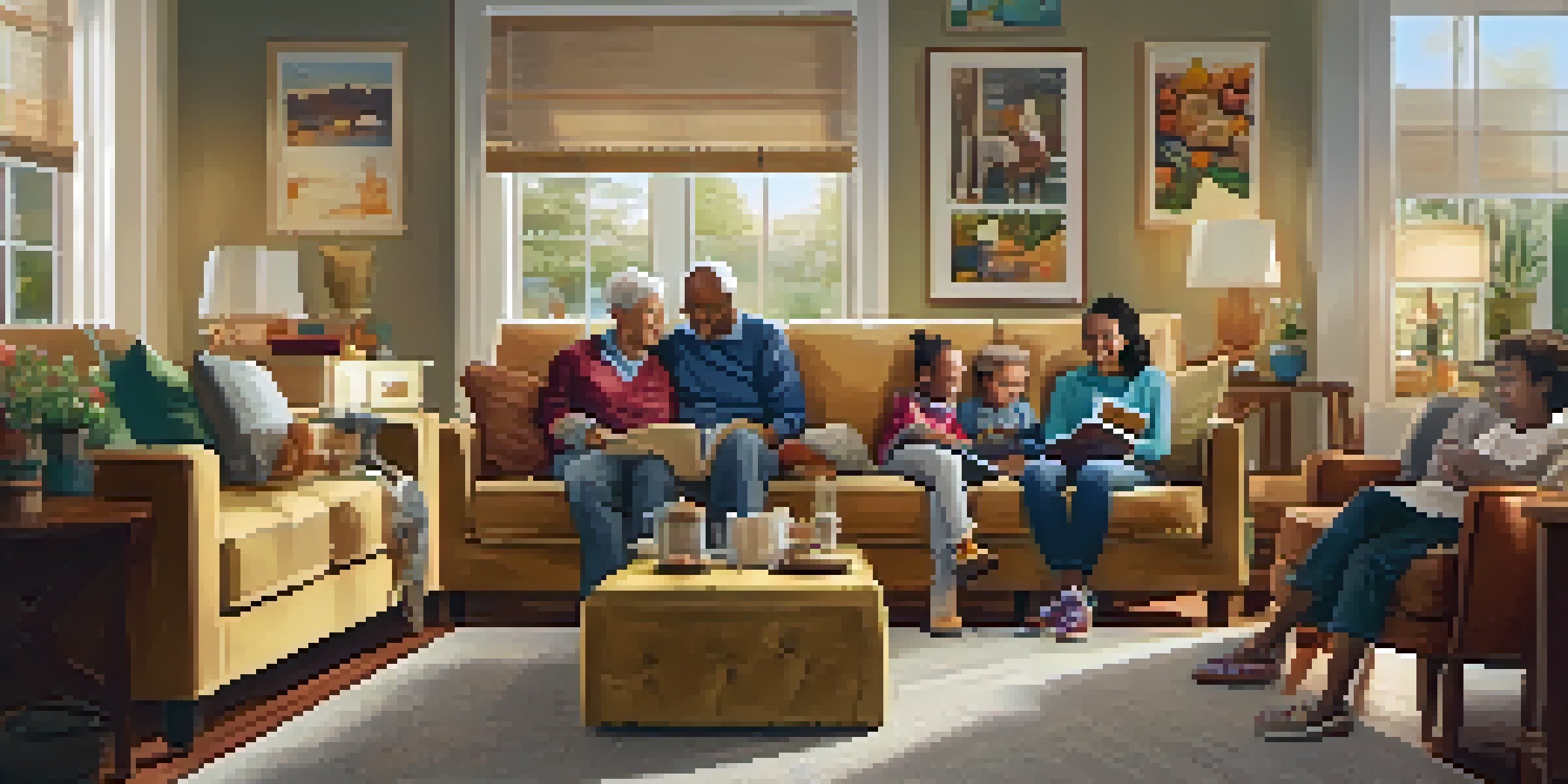 A multi-generational family gathered in a warm living room, with grandparents reading, parents cooking, and children playing, creating a cozy atmosphere.