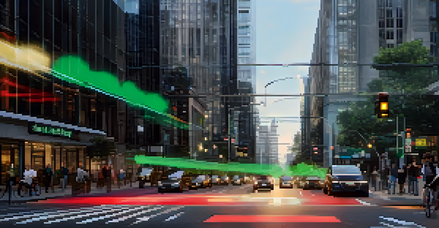 A close-up of a smart traffic light with digital screens displaying traffic data, with electric vehicles and cyclists in the background.