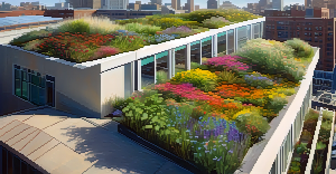 A vibrant green roof with various plants and flowers, overlooking a modern city skyline with sunlight filtering through the leaves.