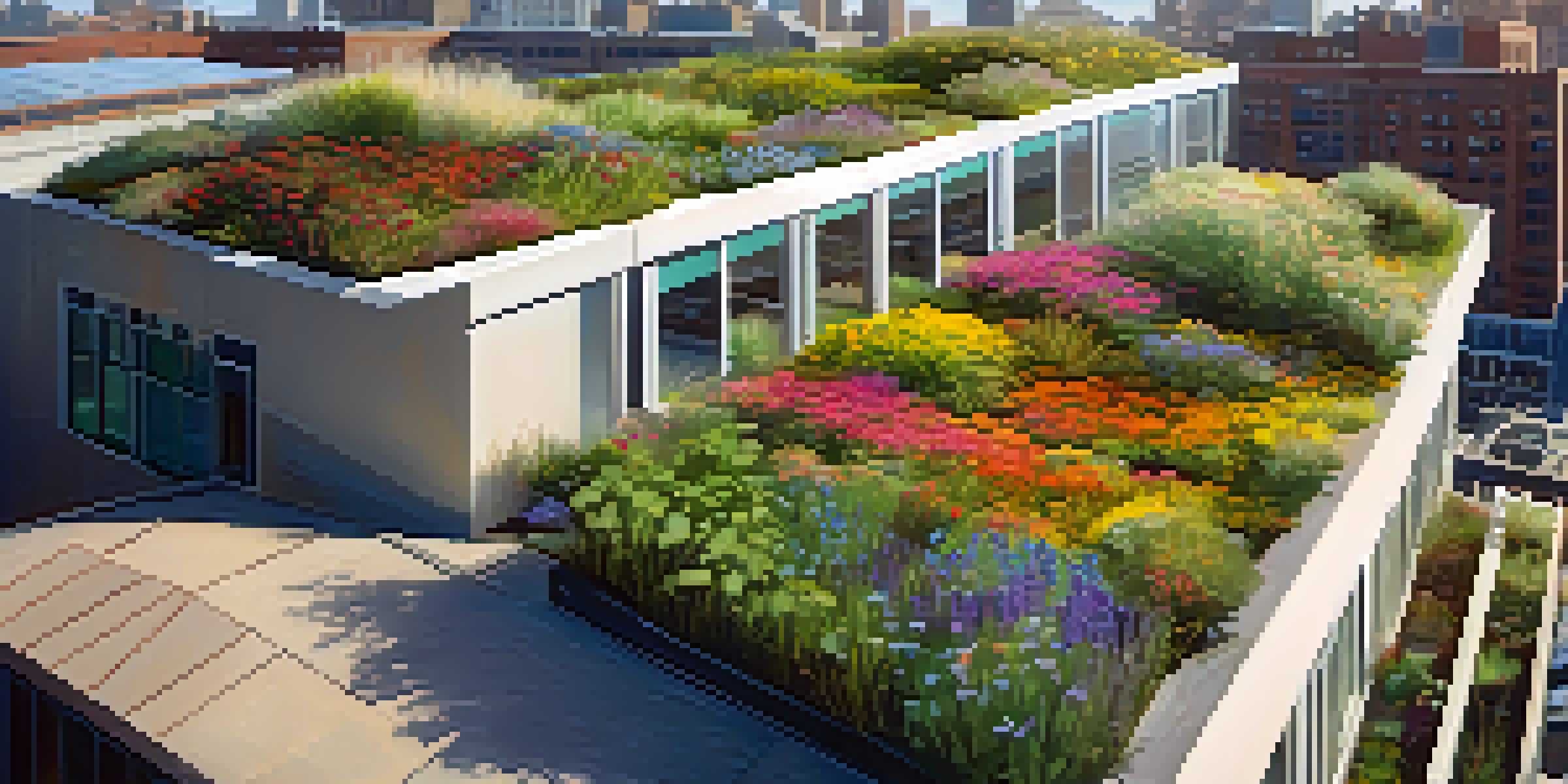 A vibrant green roof with various plants and flowers, overlooking a modern city skyline with sunlight filtering through the leaves.