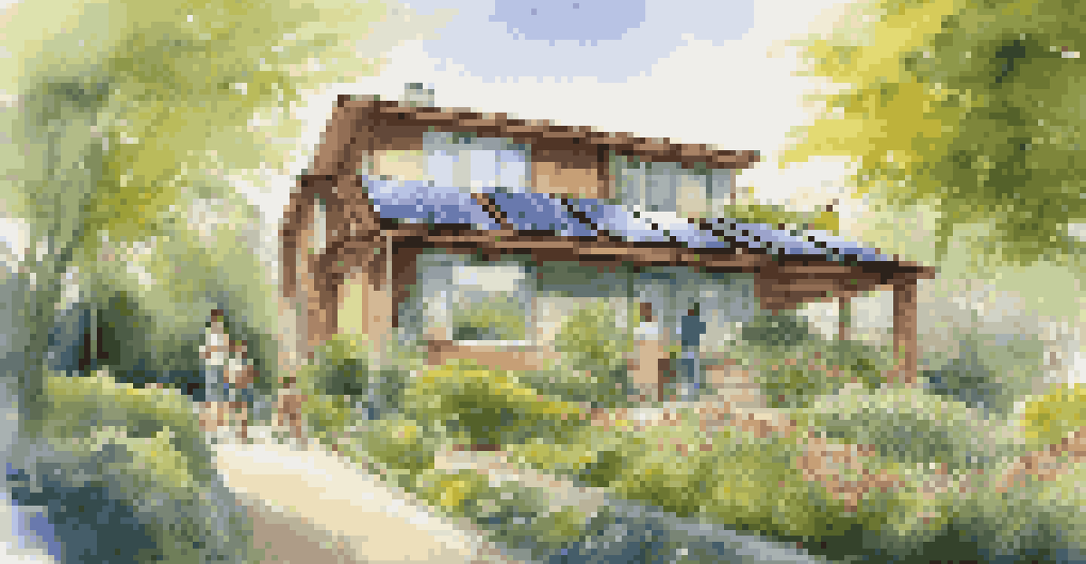 A house with solar panels on the roof, surrounded by a vibrant garden and illuminated pathways, depicting a family enjoying a sustainable lifestyle.
