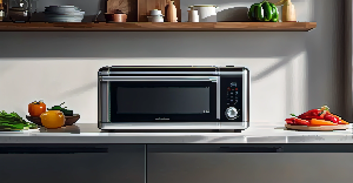 A bright modern kitchen showcasing smart cooking gadgets like a smart oven and thermometer, with a beautifully plated steak and fresh vegetables.