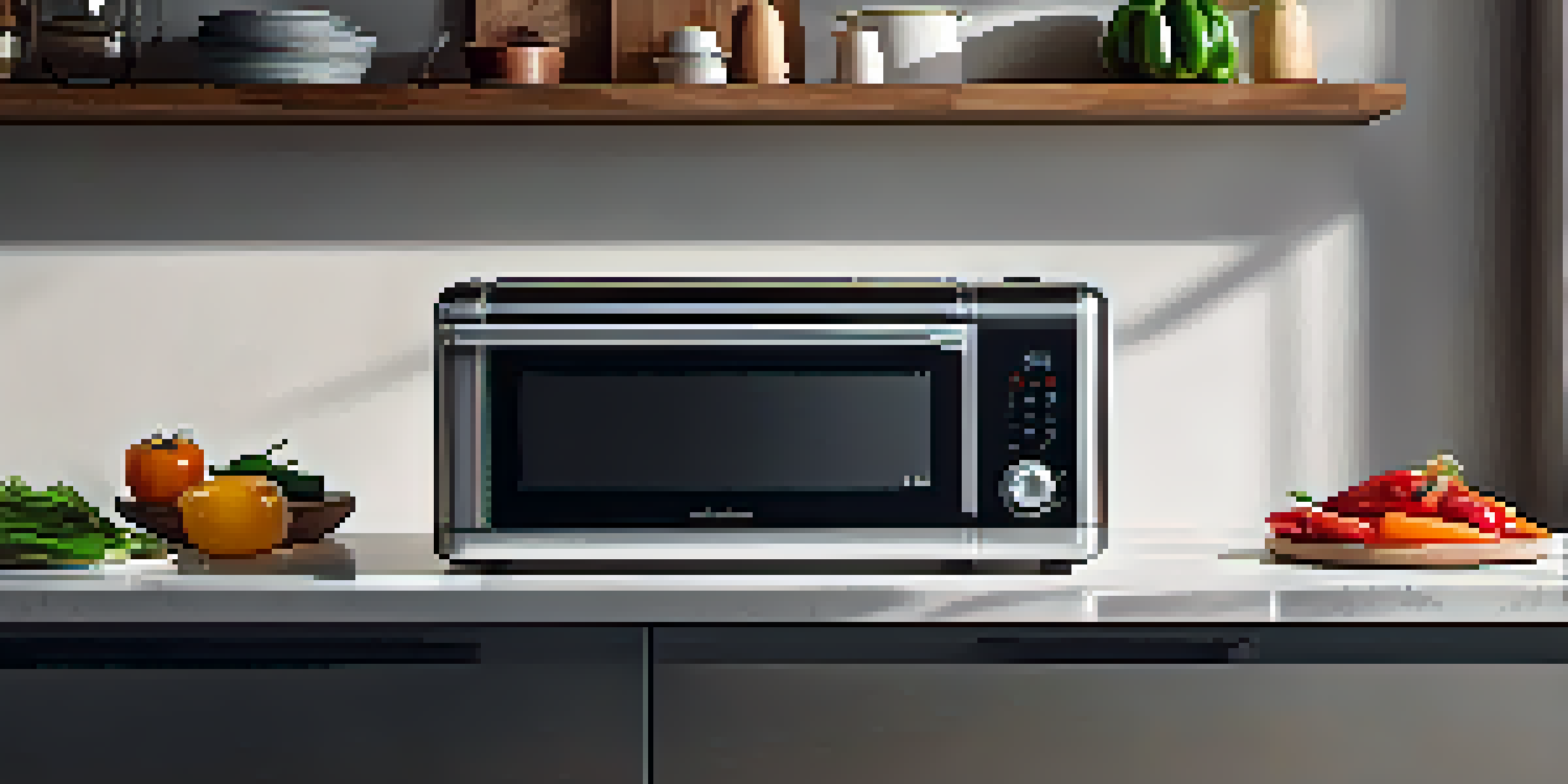 A bright modern kitchen showcasing smart cooking gadgets like a smart oven and thermometer, with a beautifully plated steak and fresh vegetables.