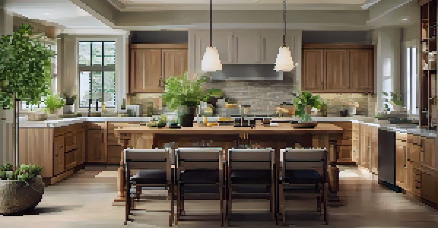 An elegant open concept kitchen and dining area with warm earth tones, natural elements, and inviting lighting.