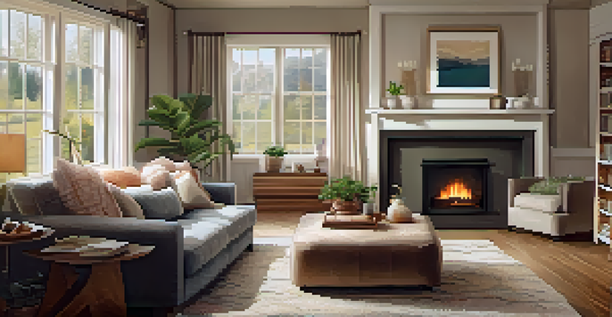 A warm and inviting family living room showcasing a fireplace, sofas, and family photos with a view of a garden through the window.