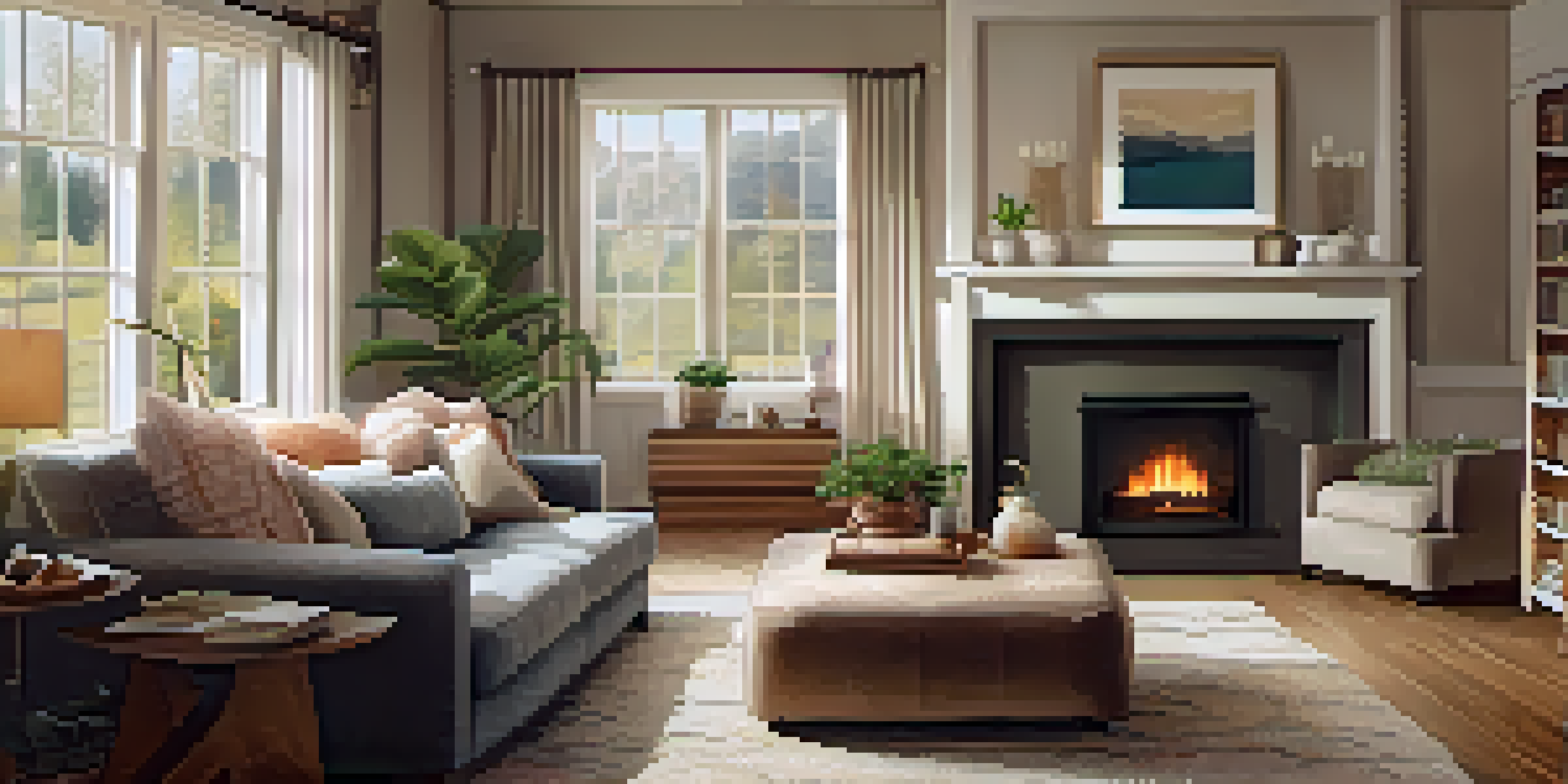 A warm and inviting family living room showcasing a fireplace, sofas, and family photos with a view of a garden through the window.