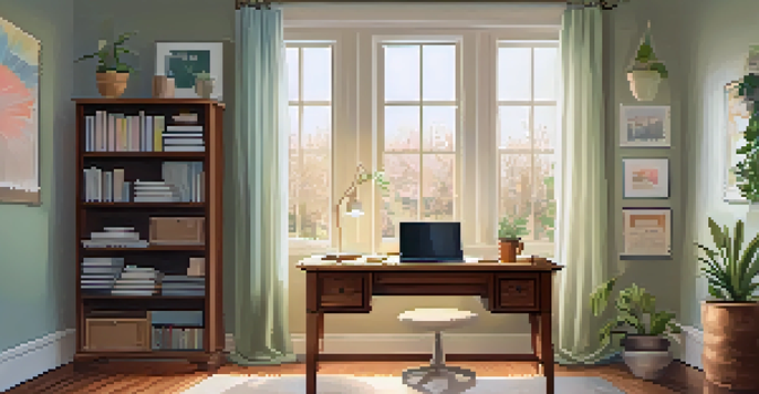 A bright and inviting home office with a wooden desk, laptop, potted plant, and soft pastel-colored walls, illuminated by natural light.