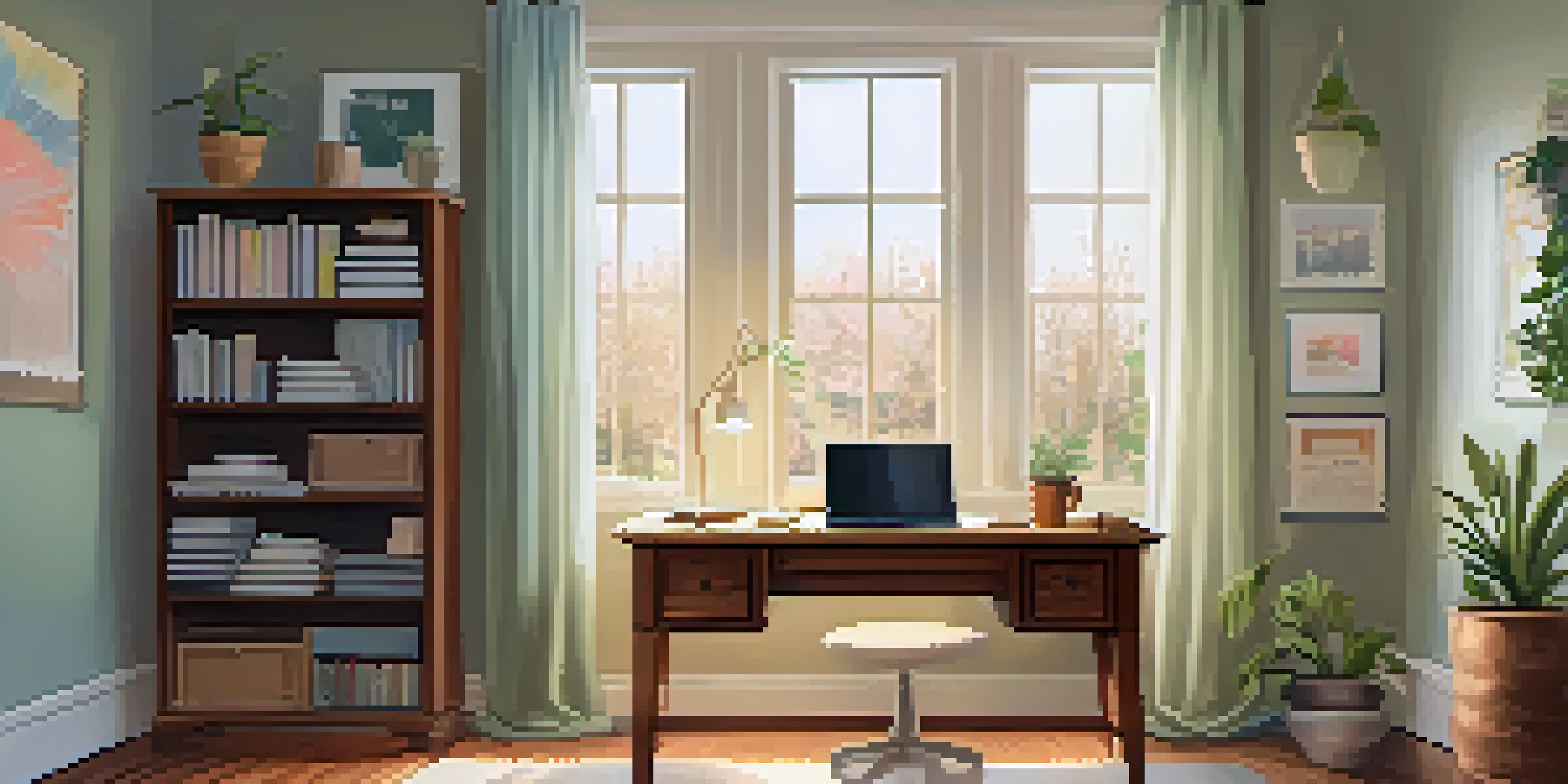 A bright and inviting home office with a wooden desk, laptop, potted plant, and soft pastel-colored walls, illuminated by natural light.