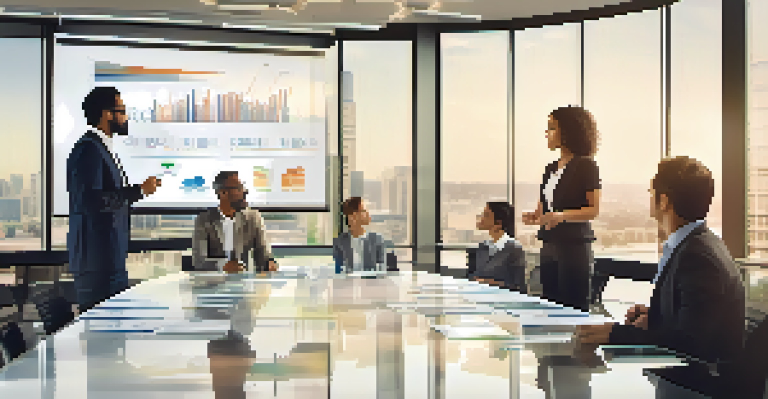 A group of diverse individuals discussing property investments in a bright conference room with charts displayed.