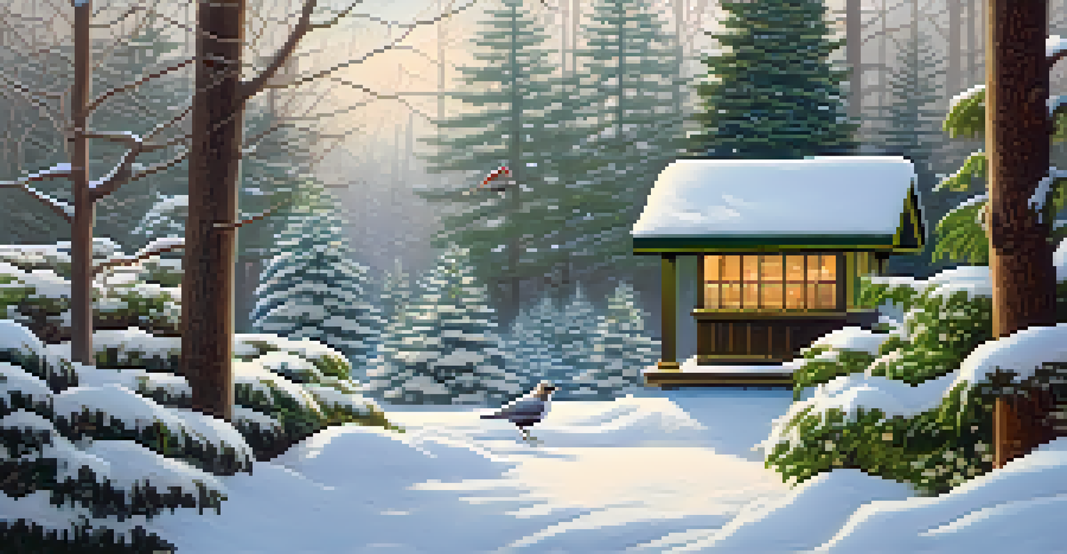 A winter garden with evergreen trees and winter-blooming flowers surrounded by snow, featuring a bird feeder.
