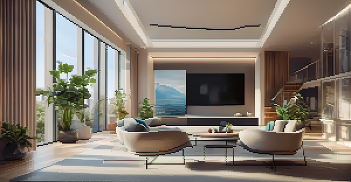 A bright and modern living room with a VR headset on a coffee table and a screen displaying a virtual tour of a cozy home.