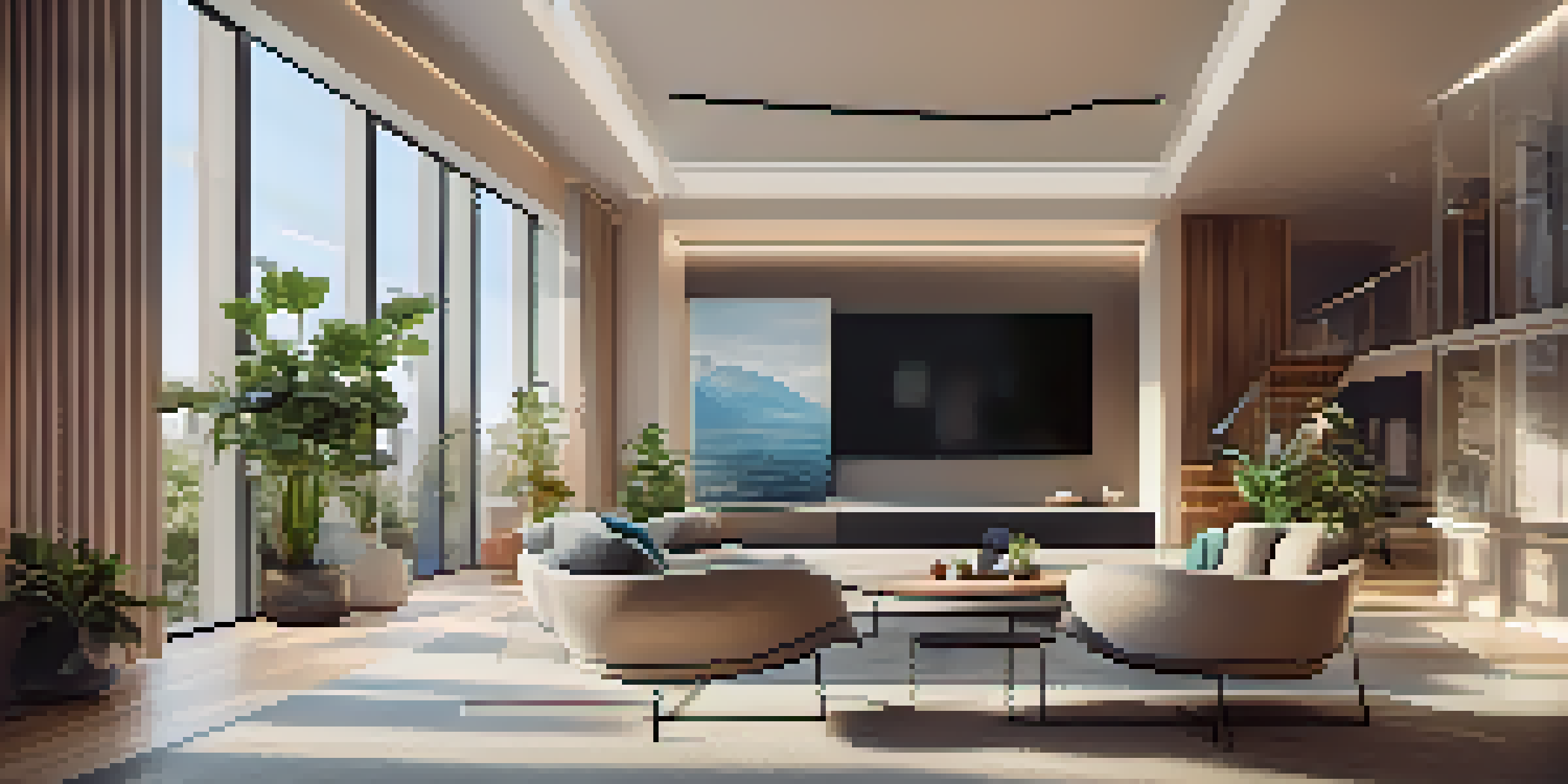 A bright and modern living room with a VR headset on a coffee table and a screen displaying a virtual tour of a cozy home.