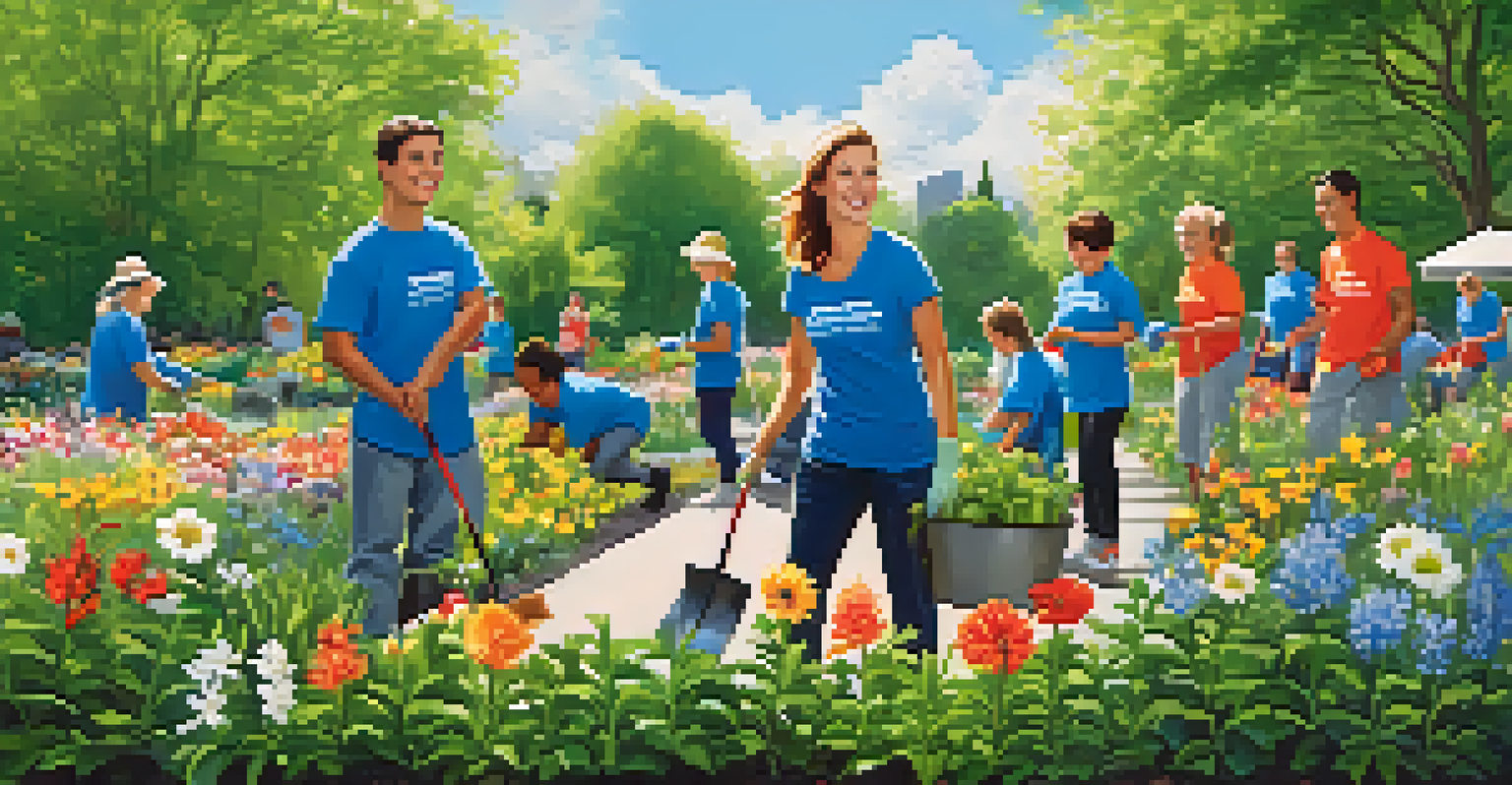 Residents in volunteer t-shirts working together to beautify a local park by planting flowers.