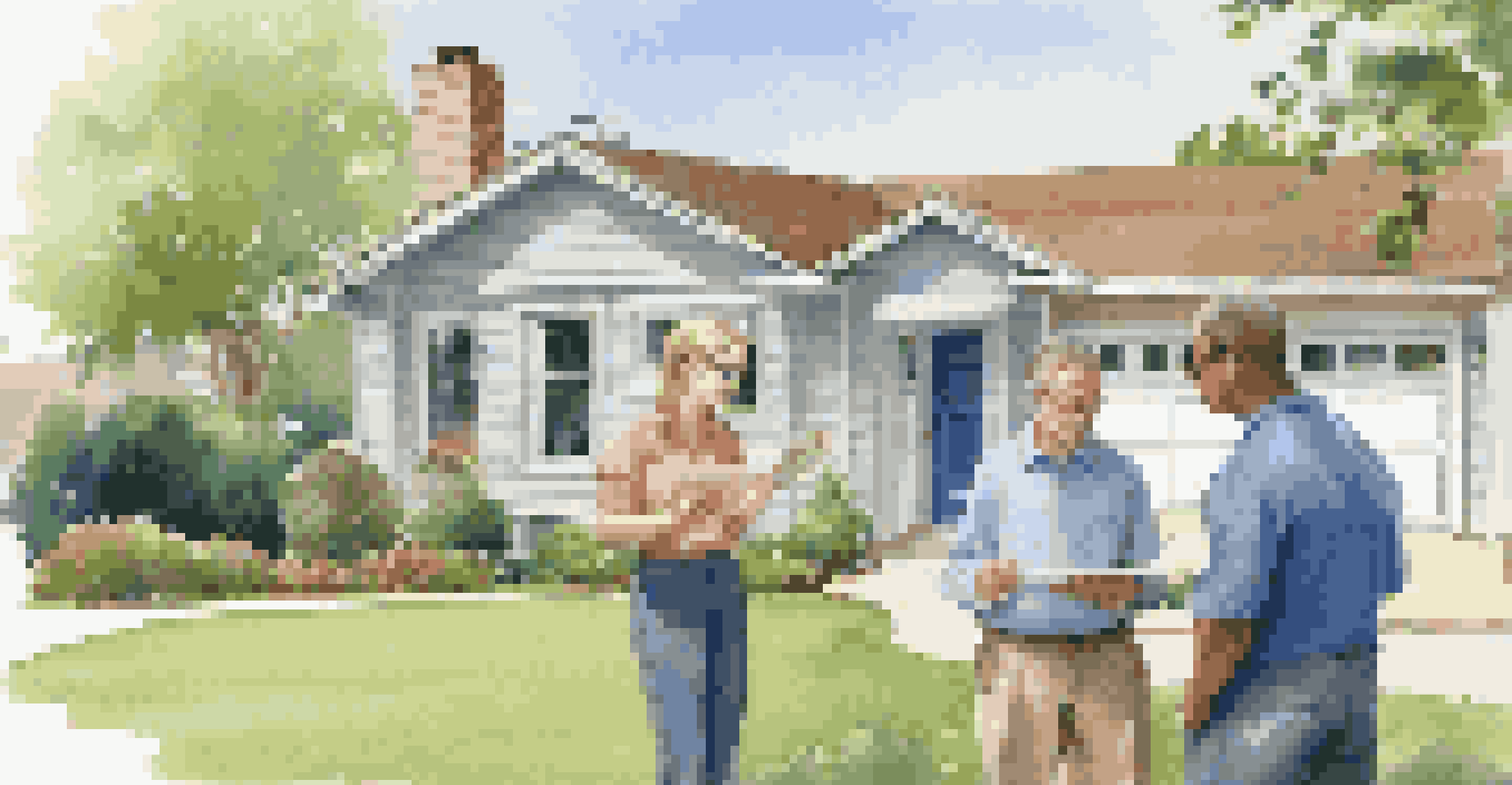 A home inspector talks to a couple outside a house, reviewing inspection notes.