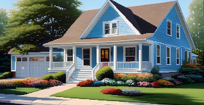 A suburban home with pastel blue vinyl siding and white trim, surrounded by a flower-filled yard under a clear blue sky.