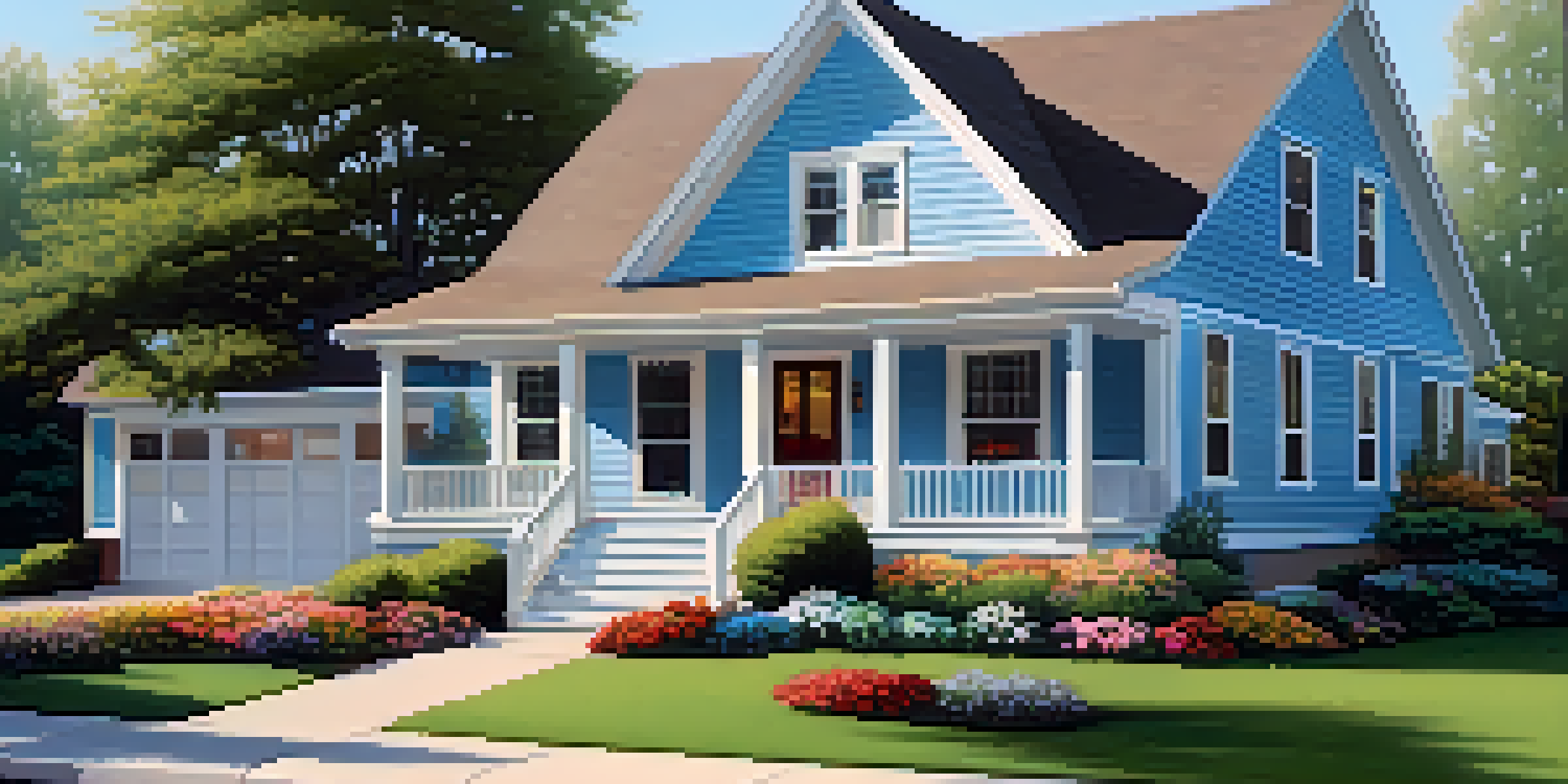 A suburban home with pastel blue vinyl siding and white trim, surrounded by a flower-filled yard under a clear blue sky.