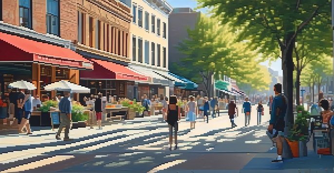 A lively city scene with a mix of traditional and modern buildings, people walking, and colorful flowers along the sidewalks under bright sunlight.
