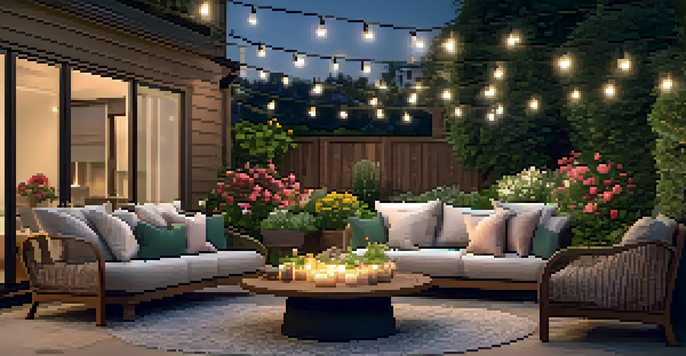 A cozy outdoor patio with plush seating, vibrant flowers, and string lights creating a warm atmosphere.