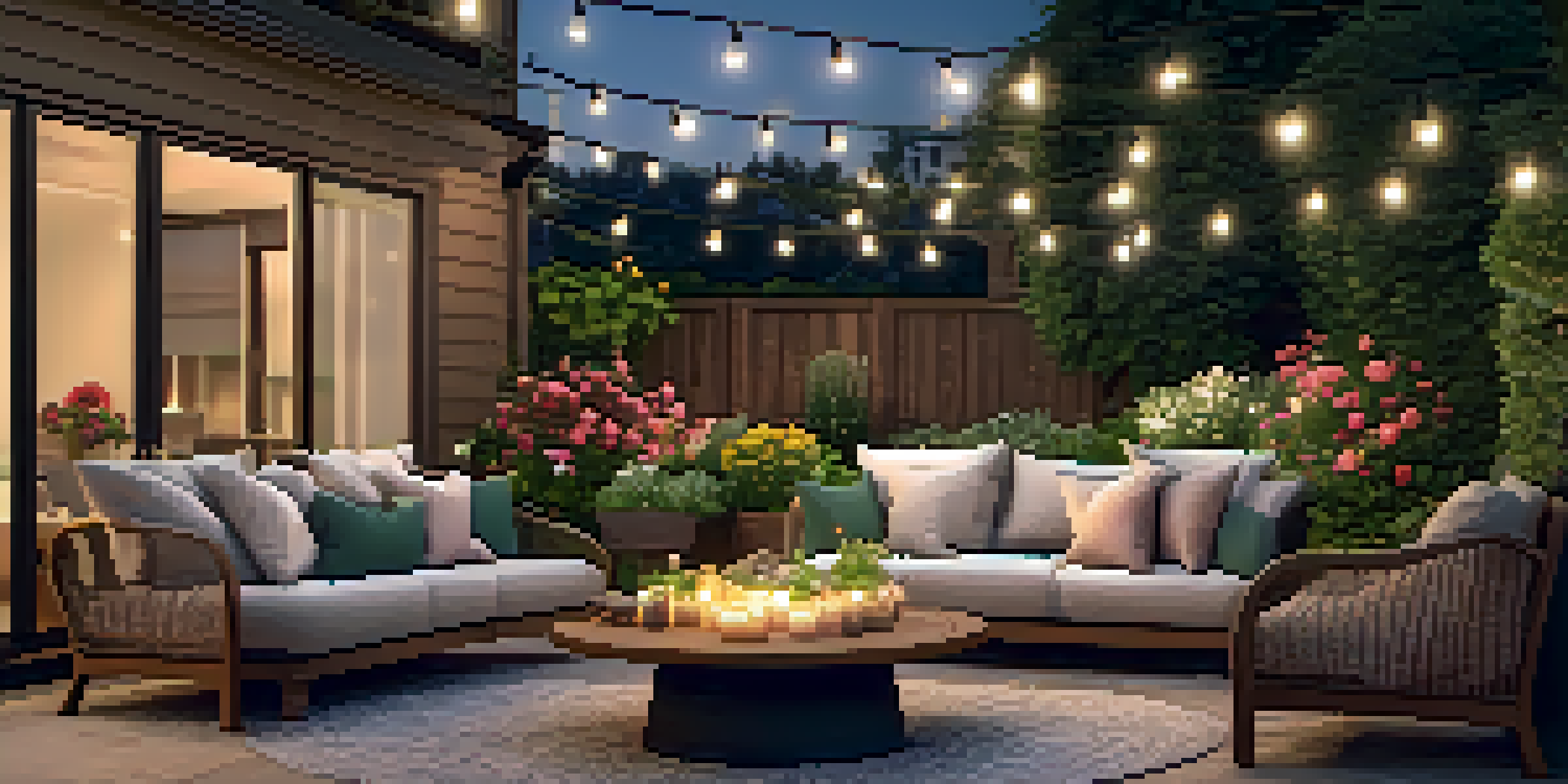 A cozy outdoor patio with plush seating, vibrant flowers, and string lights creating a warm atmosphere.