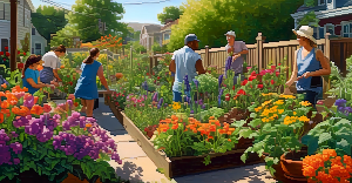 A community garden with people tending to various plants and flowers under warm sunlight.