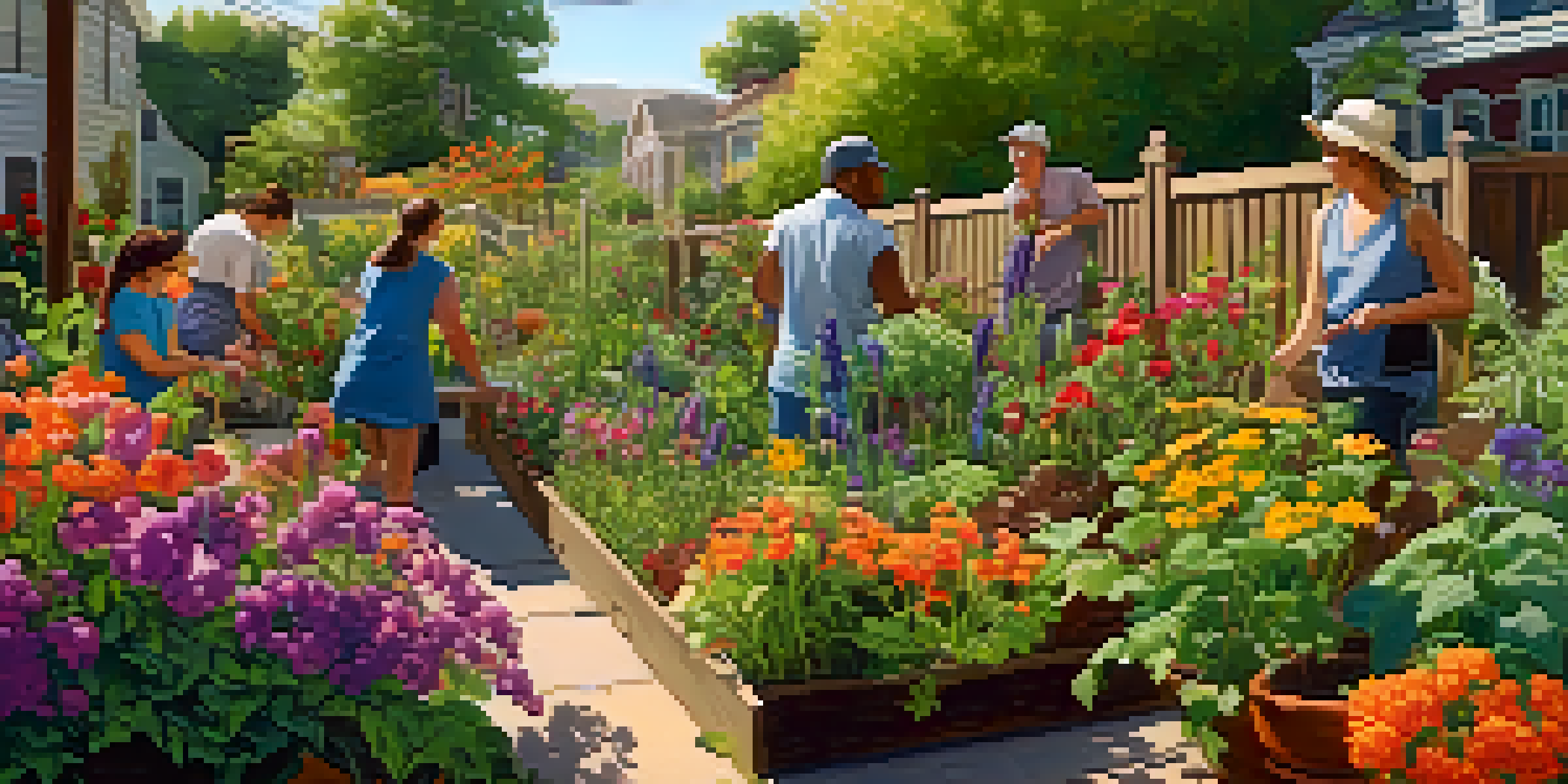 A community garden with people tending to various plants and flowers under warm sunlight.