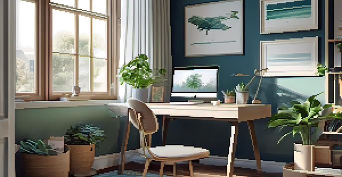A bright and calming home office with a modern desk, laptop, plants, and soft sunlight coming through a window.
