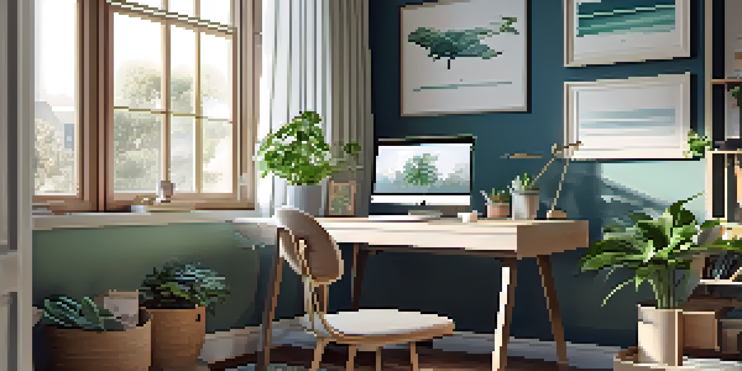 A bright and calming home office with a modern desk, laptop, plants, and soft sunlight coming through a window.
