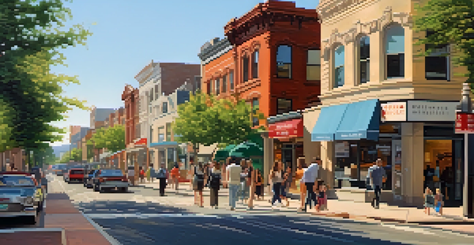 A busy city street with diverse individuals walking near rental properties, with bright storefronts and trees lining the sidewalk.