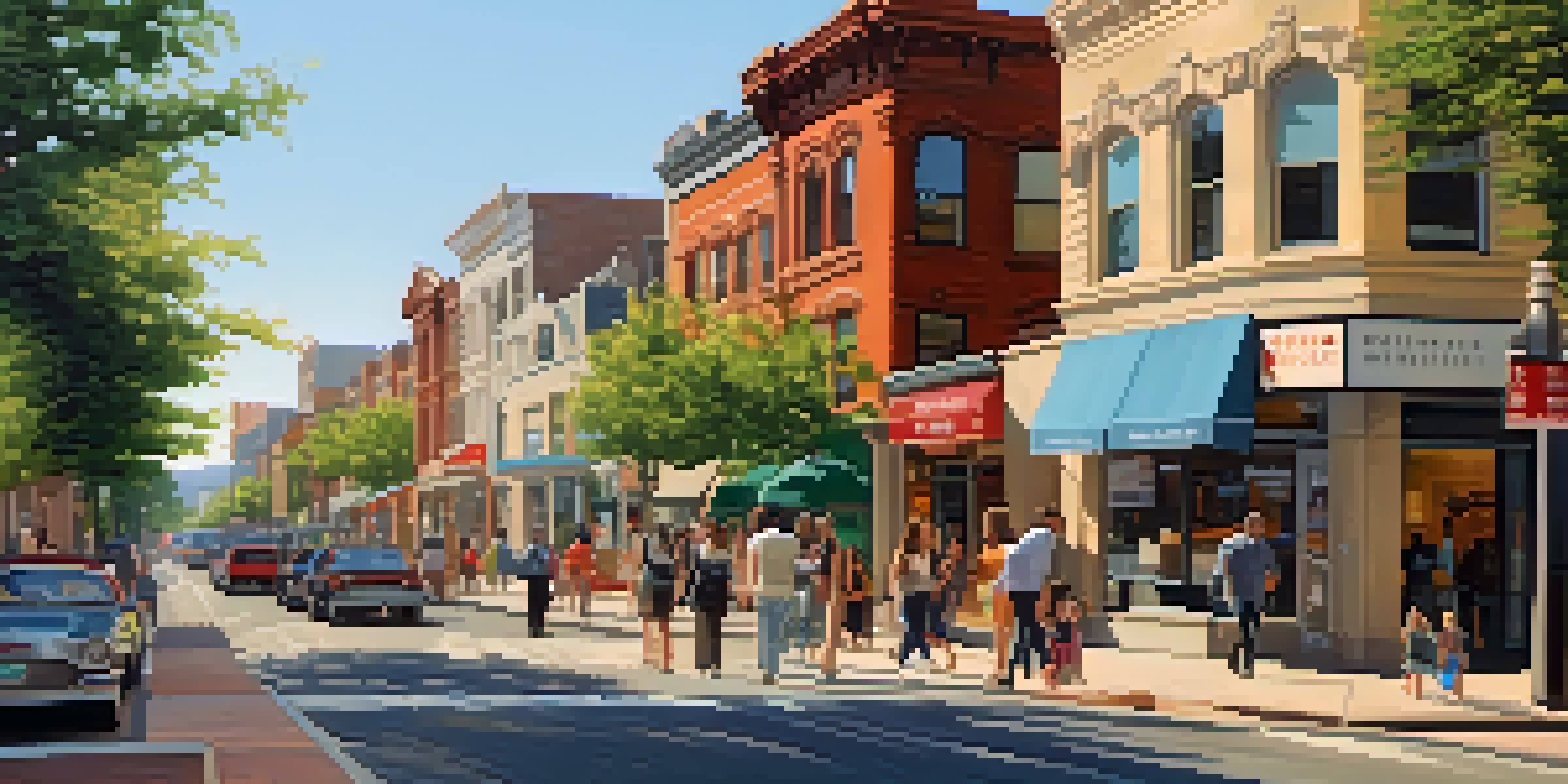 A busy city street with diverse individuals walking near rental properties, with bright storefronts and trees lining the sidewalk.