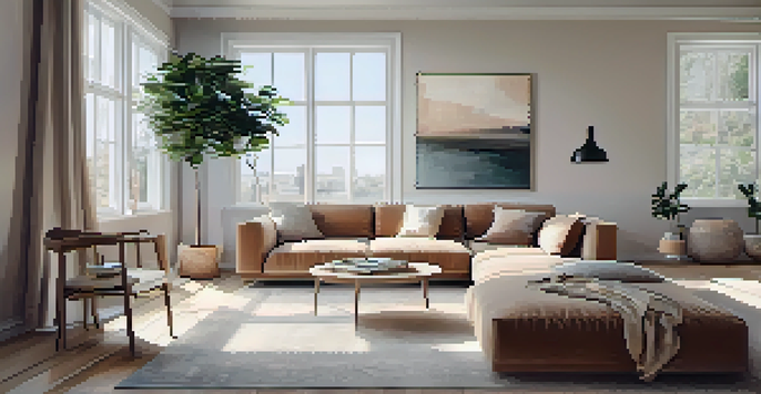 A spacious and bright minimalist living room with large windows, neutral colors, and a cozy sofa in the center, surrounded by minimal decor.