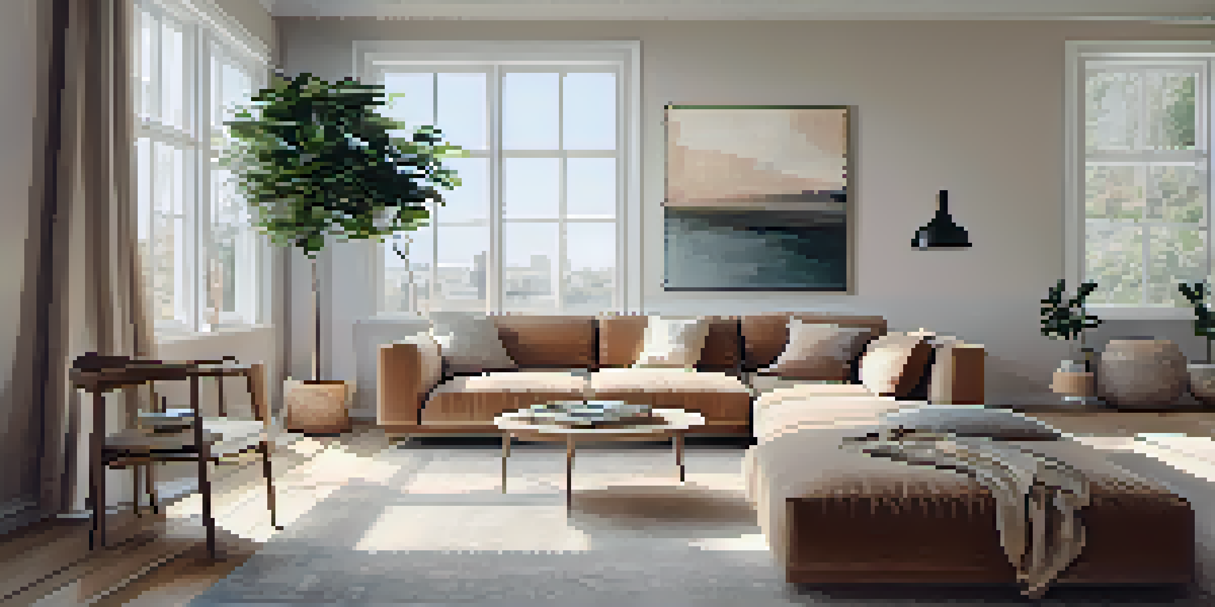 A spacious and bright minimalist living room with large windows, neutral colors, and a cozy sofa in the center, surrounded by minimal decor.
