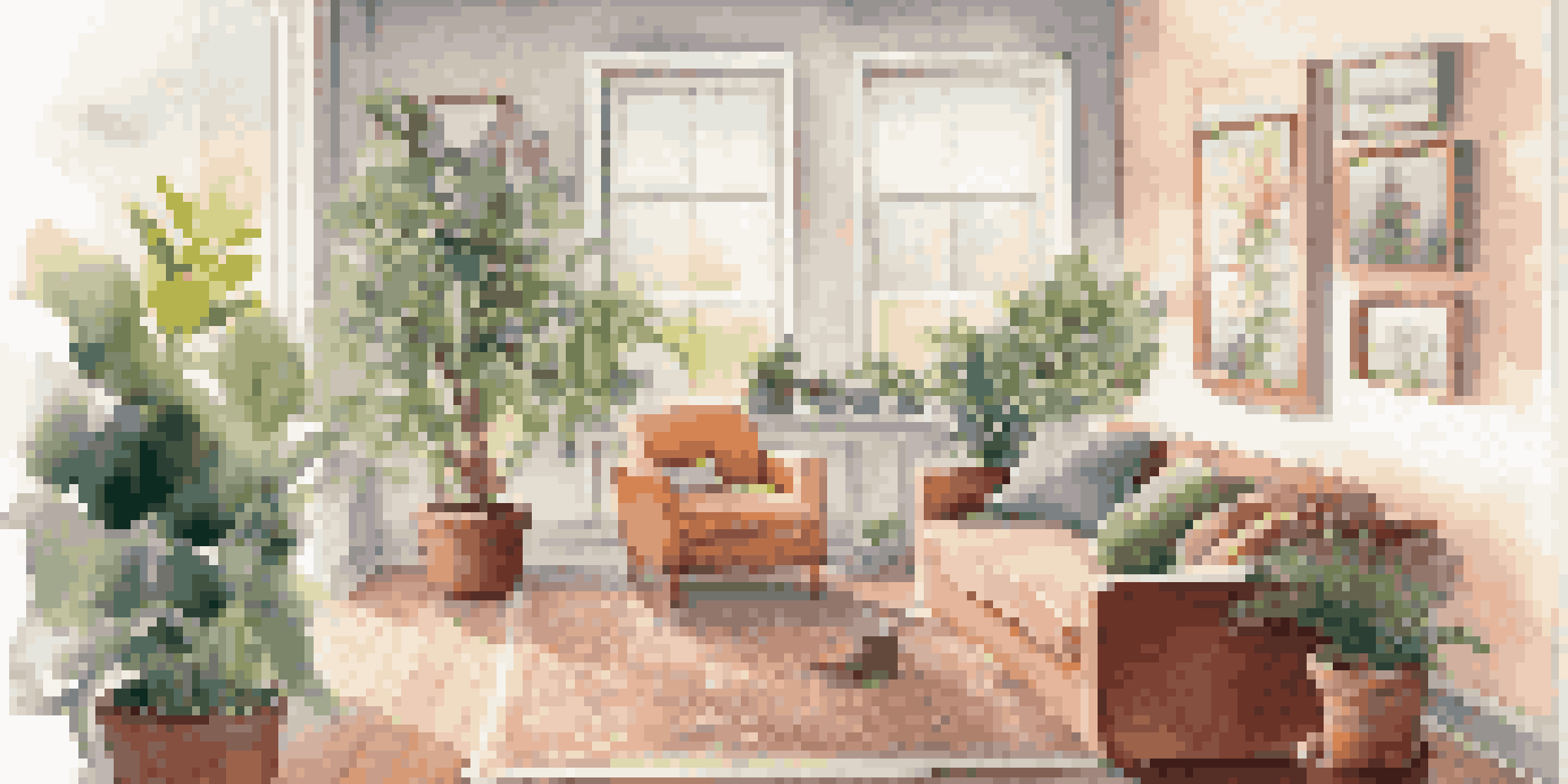 A cozy living room with energy-efficient appliances, a sunny window, indoor plants, and a smart thermostat on the wall.