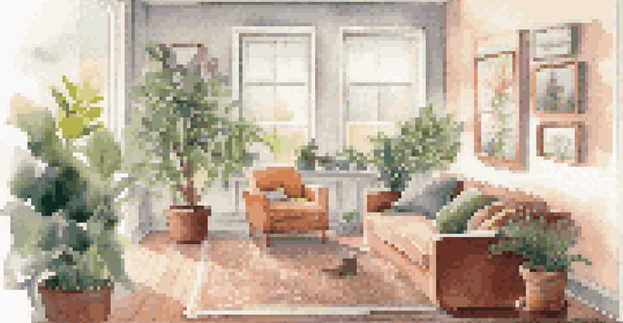 A cozy living room with energy-efficient appliances, a sunny window, indoor plants, and a smart thermostat on the wall.