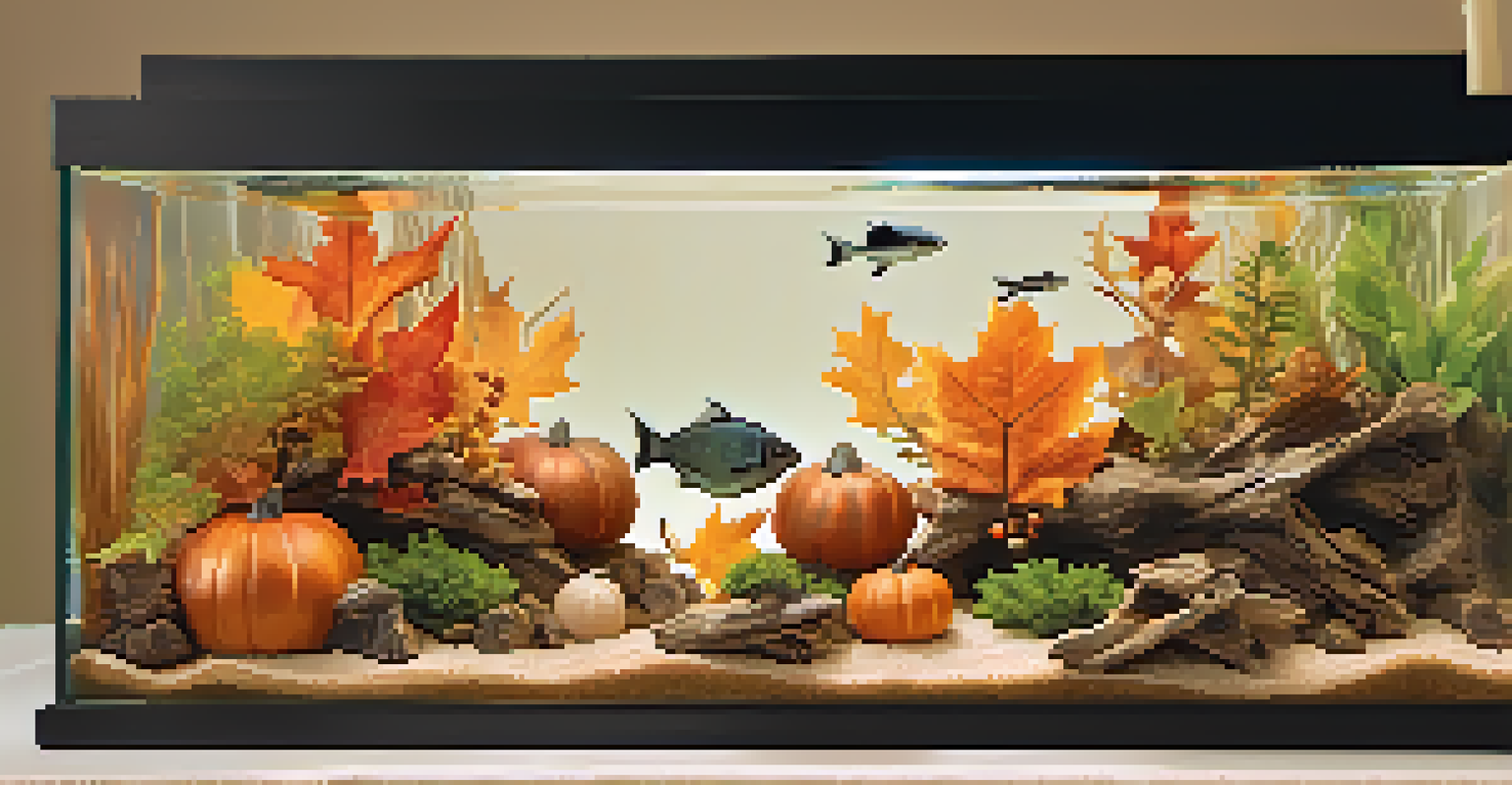 An aquarium decorated with autumn leaves, pumpkins, and driftwood, softly lit to create a cozy atmosphere.
