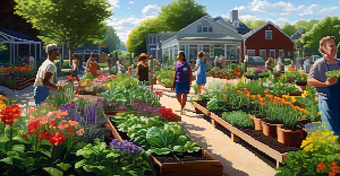 A colorful community garden with flowers and vegetables, where a diverse group of people is gardening together under bright sunlight.