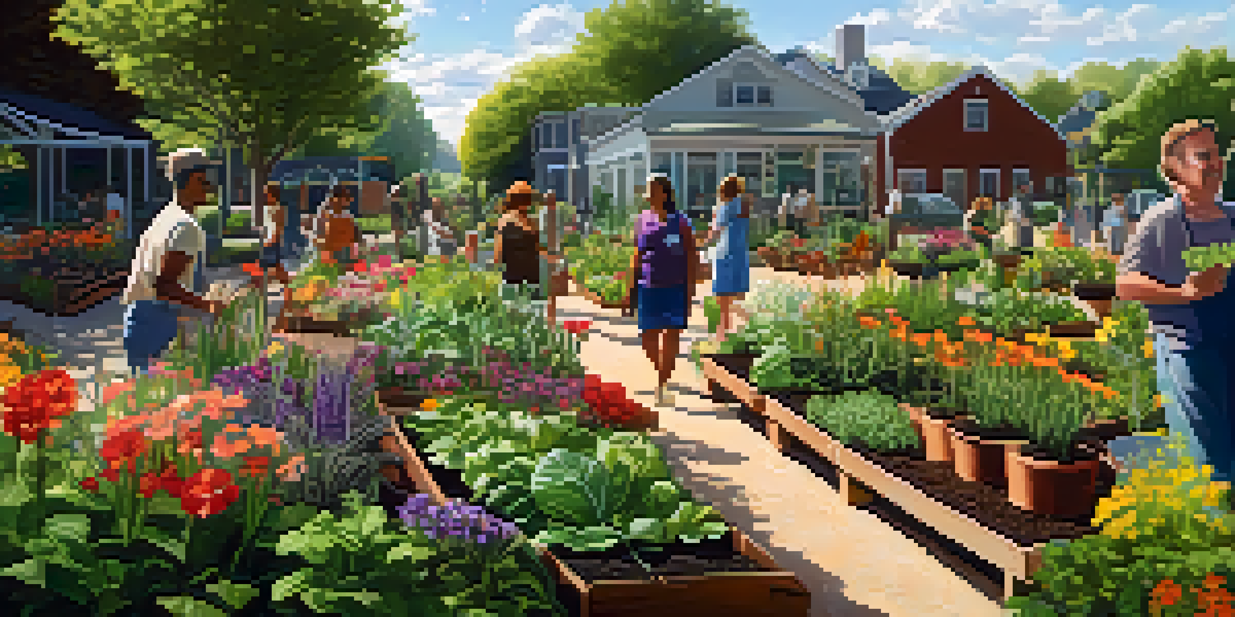 A colorful community garden with flowers and vegetables, where a diverse group of people is gardening together under bright sunlight.